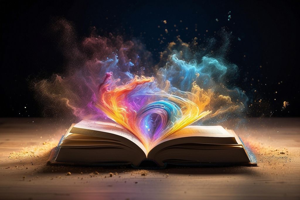 Відкрита книга випромінює яскраві кольорові хвилі — помаранчеві, сині, фіолетові — мов магія оживає зі сторінок.